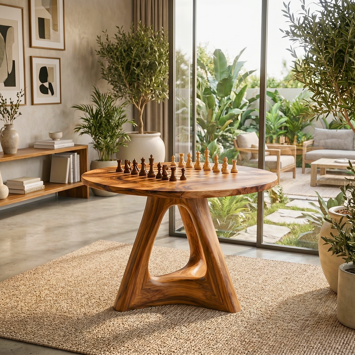 Handcrafted Round Solid Wood Chess Table with Organic Sculptural Base