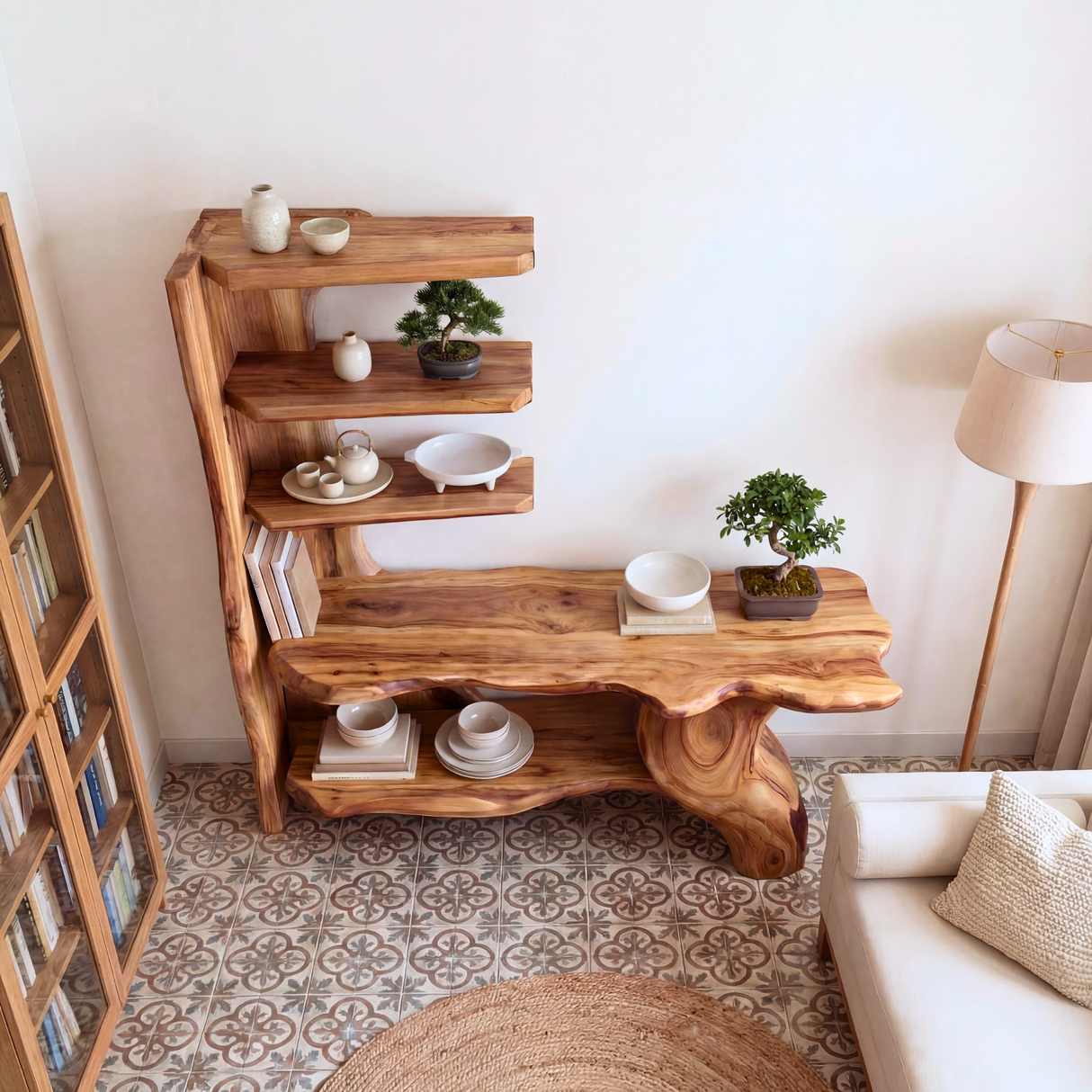 Organic Sculptural Solid Wood Console Table with Asymmetrical Shelving Artistic Freeform Console Table