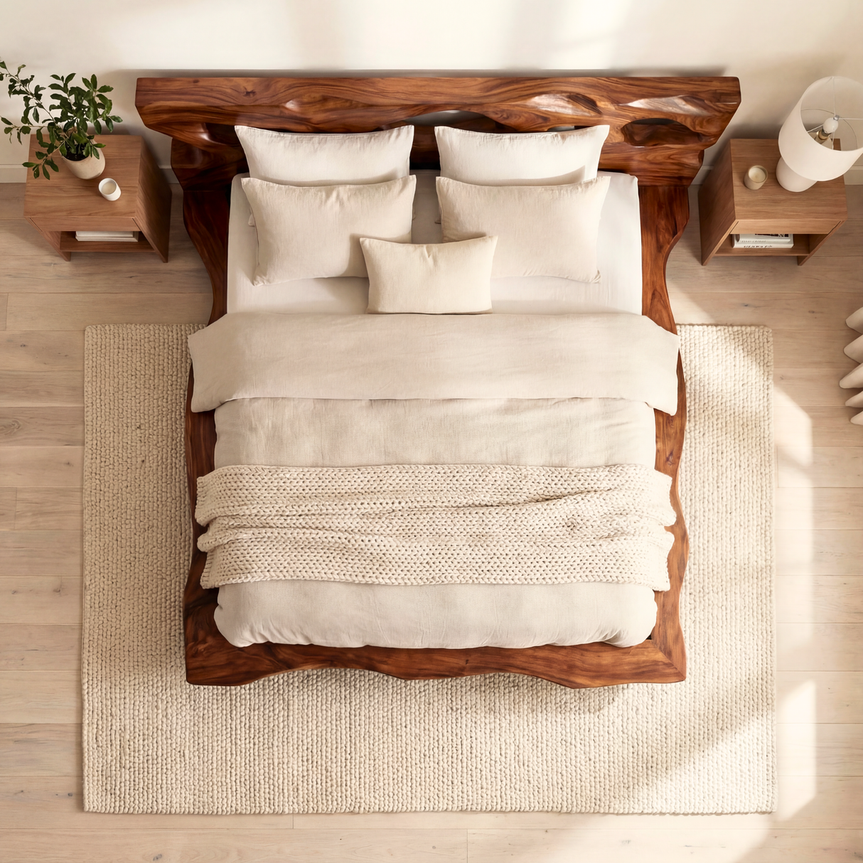 Sculptural Solid Wood Bed with Openwork Headboard and Low Platform Base