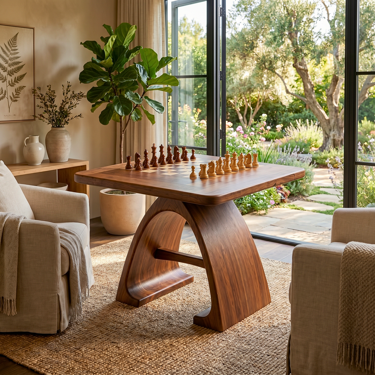 Handcrafted Solid Wood Chess Table with Arched Sculptural Pedestal Base
