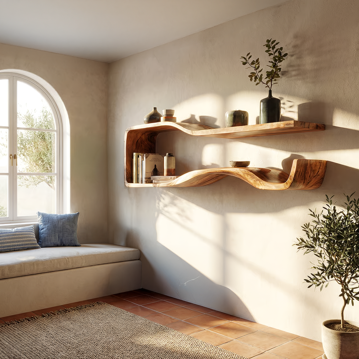 Organic Modern Solid Wood Floating Shelf with Wave Form