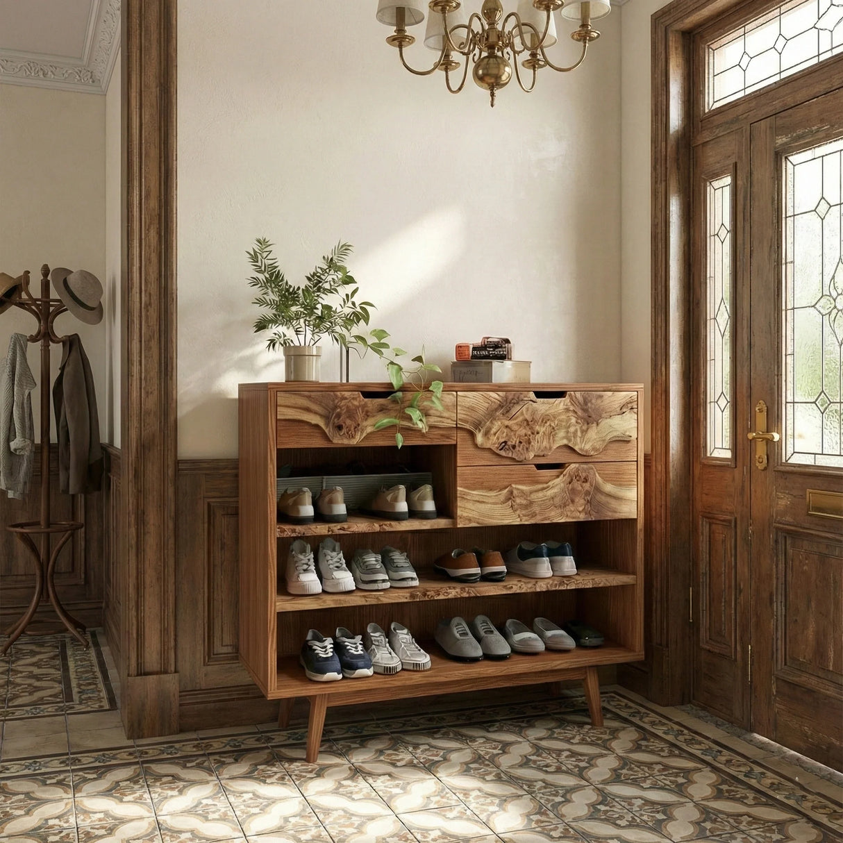 Live Edge Solid Wood Shoe Storage Cabinet for Organic Modern Entryway