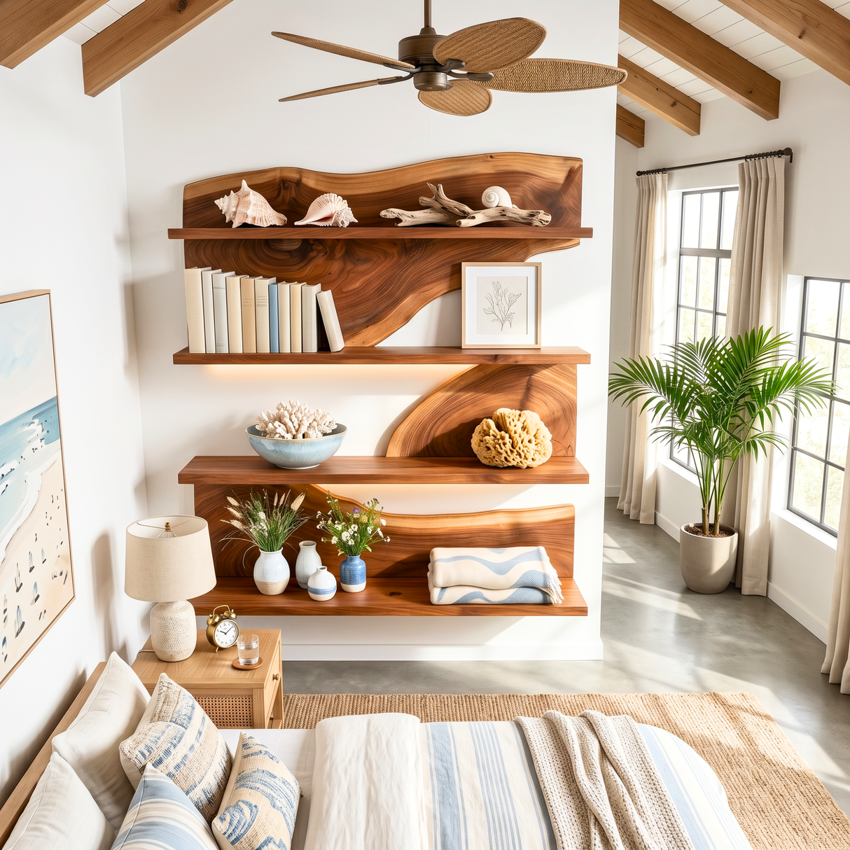 Modern Floating Wooden Shelves Sculptural Wall Mounted Shelf Set