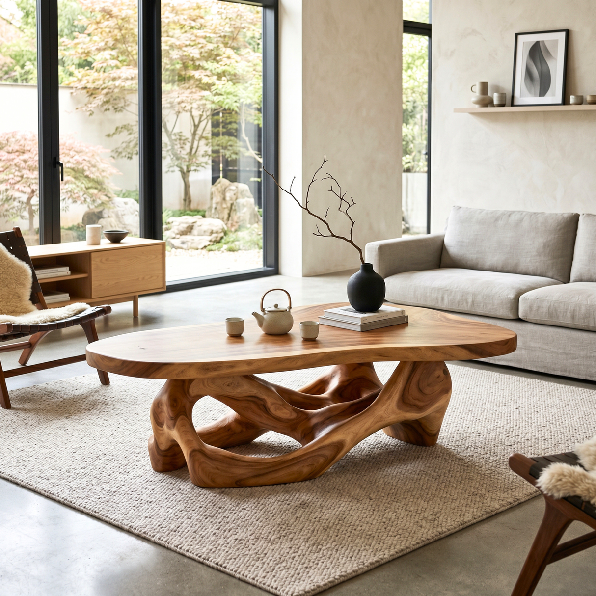 Sculptural Solid Wood Coffee Table with Fluid Openwork Base