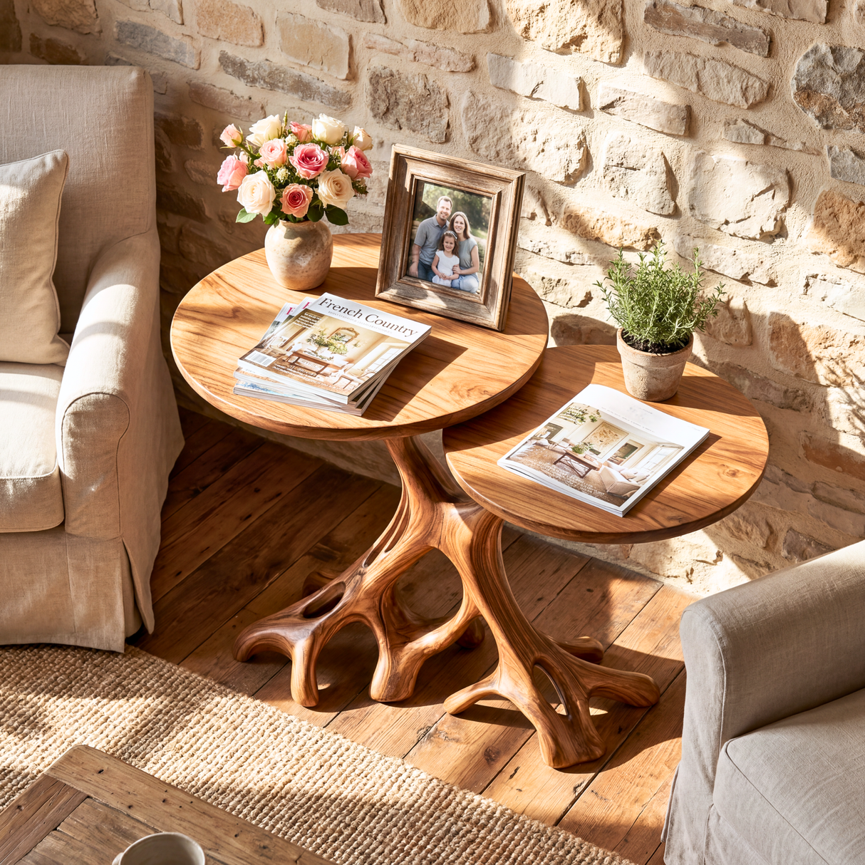 Twin Tree Root Side Tables Handmade Wooden Accent Set