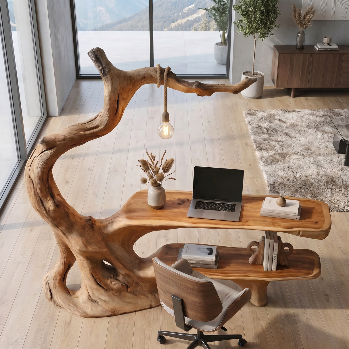 Organic Tree Root Office Desk With Floating Shelf And Hanging Lamp