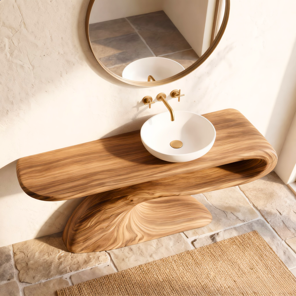 Modern Solid Wood Bathroom Vanity with Sculptural Curved Open Shelf