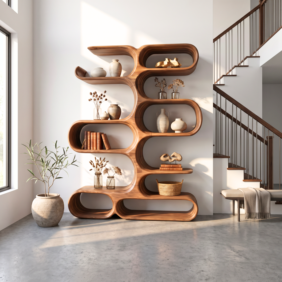 Handcrafted Solid Wood Organic Wall Bookcase with Curved Open Shelves