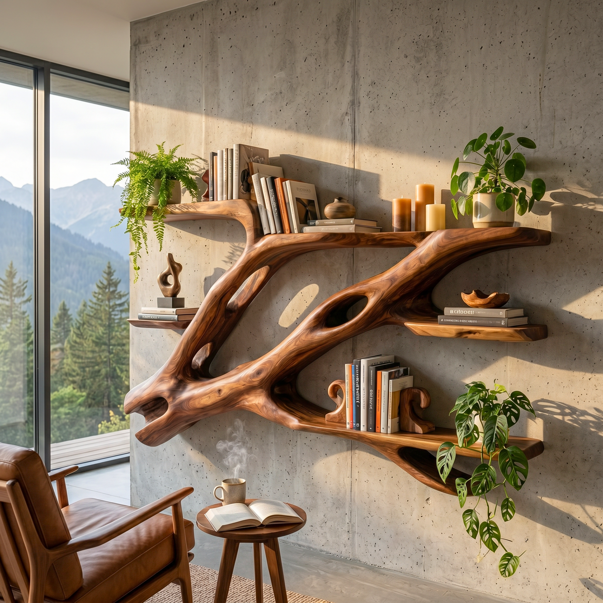 Sculptural Solid Wood Wall Bookshelf with Flowing Branch Shelves