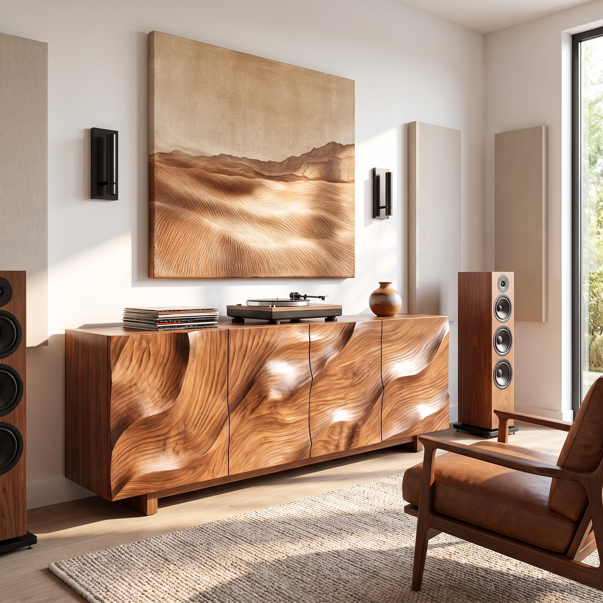 Sideboard Solid Wood with Sculptural Sand Dune Relief Doors