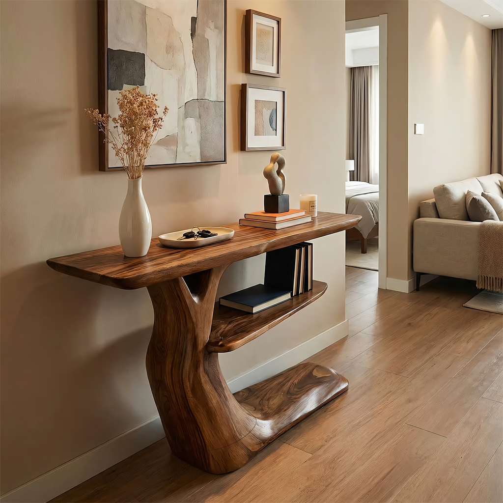 Organic Solid Wood Entryway Console with Sculpted Base