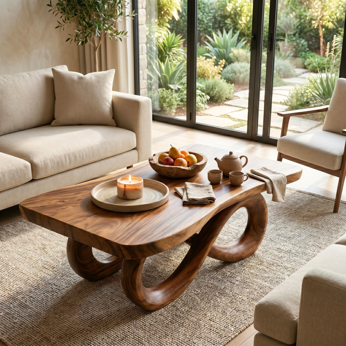 Handcrafted Solid Wood Coffee Table with Infinity Loop Base