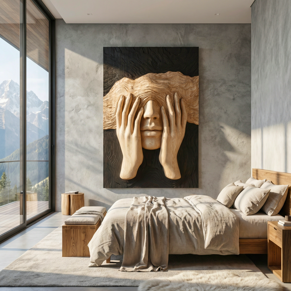 Handcrafted Solid Wood Face Wall Sculpture with Layered Wave Blindfold and Sculpted Hands