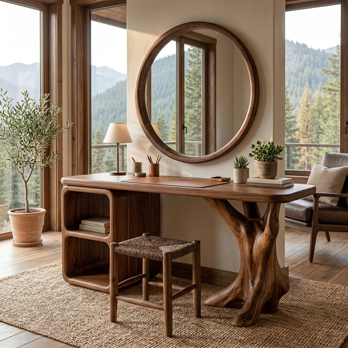 Handcrafted Solid Wood Vanity Table with Sculptural Root Base and Open Shelves