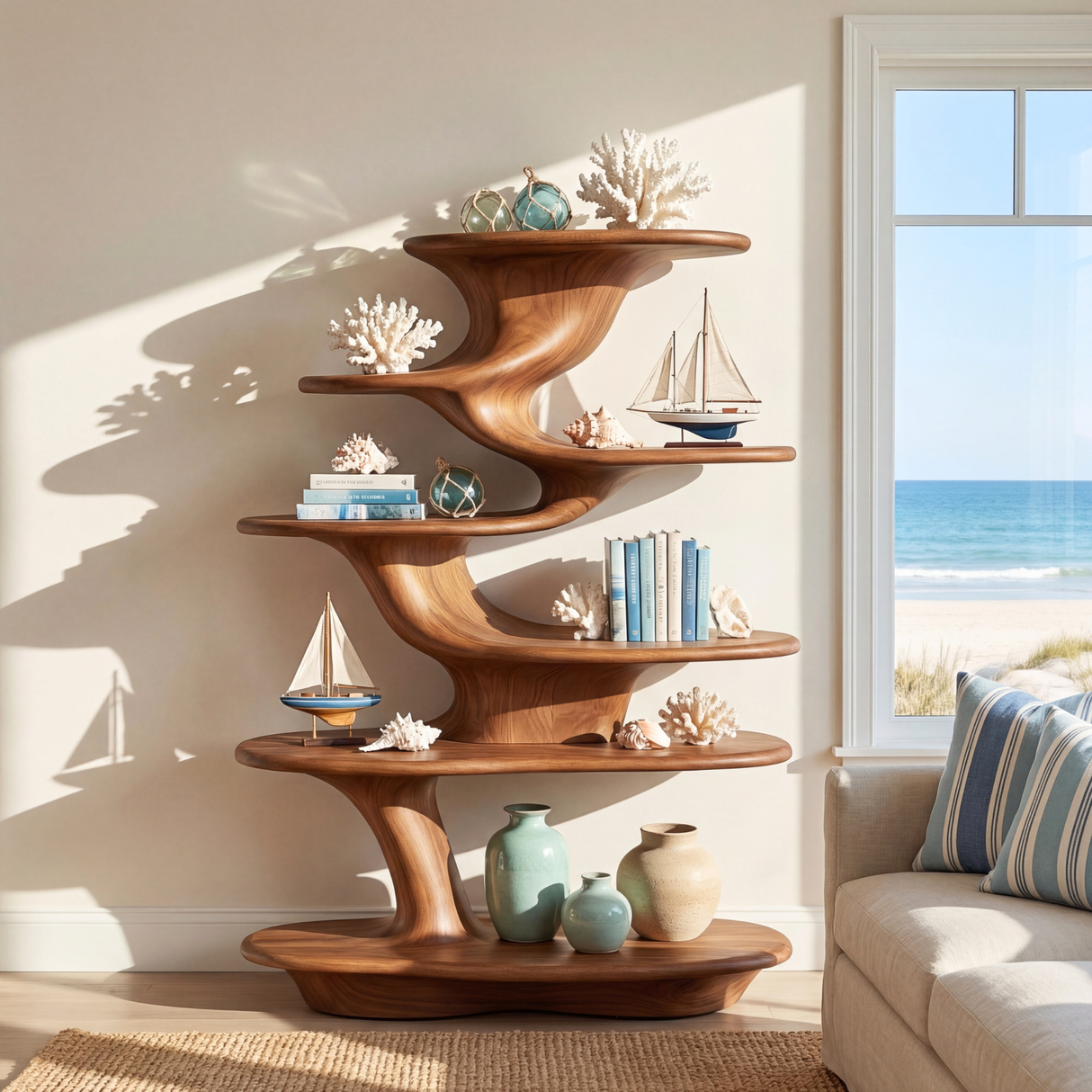 Cascade Form Wood Display Shelf with Sculpted Tiered Platforms