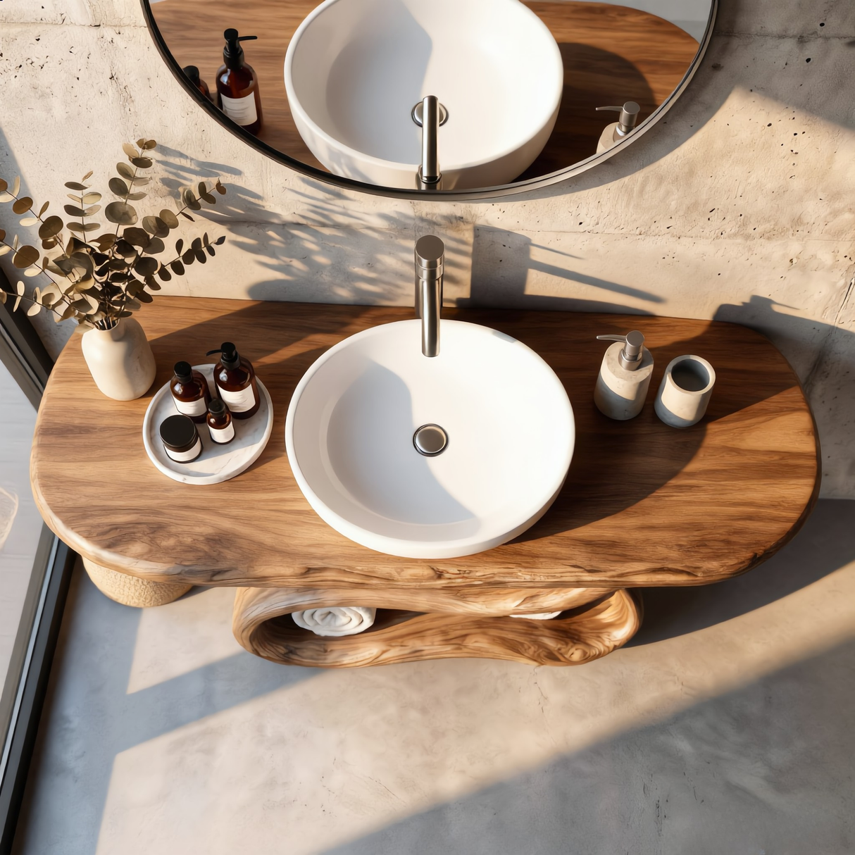 Sculptural Solid Wood Bathroom Vanity with Open Shelf Base