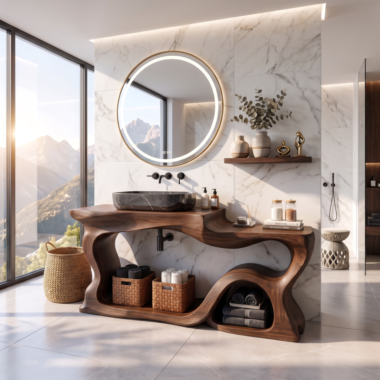 Bathroom Vanity Solid Wood with Sculptural Wave Frame and Open Storage