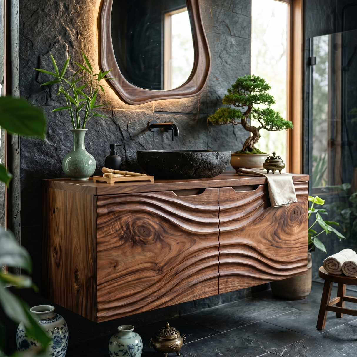 Hand Carved Solid Wood Bathroom Vanity with Flowing Organic Grain Design