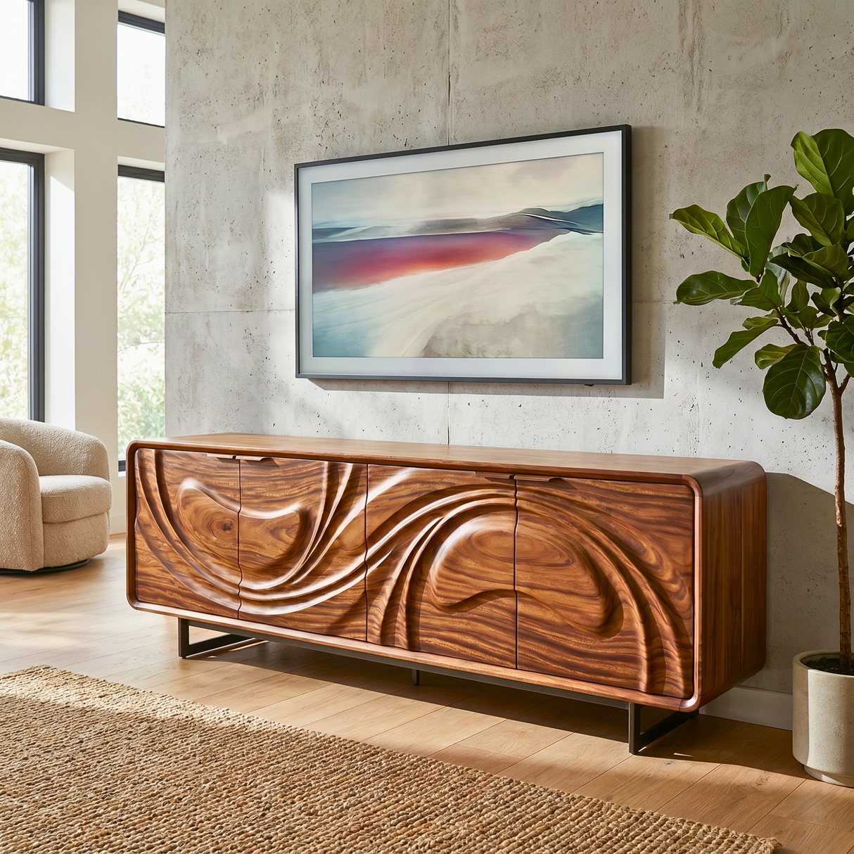 Handcrafted Solid Wood Media Cabinet with Fluid Carved Front