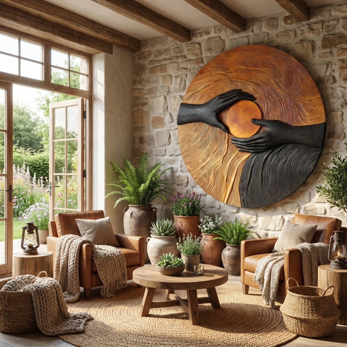 Solid Wood Wall Art with Hand Embrace Relief and Radiant Circle Center