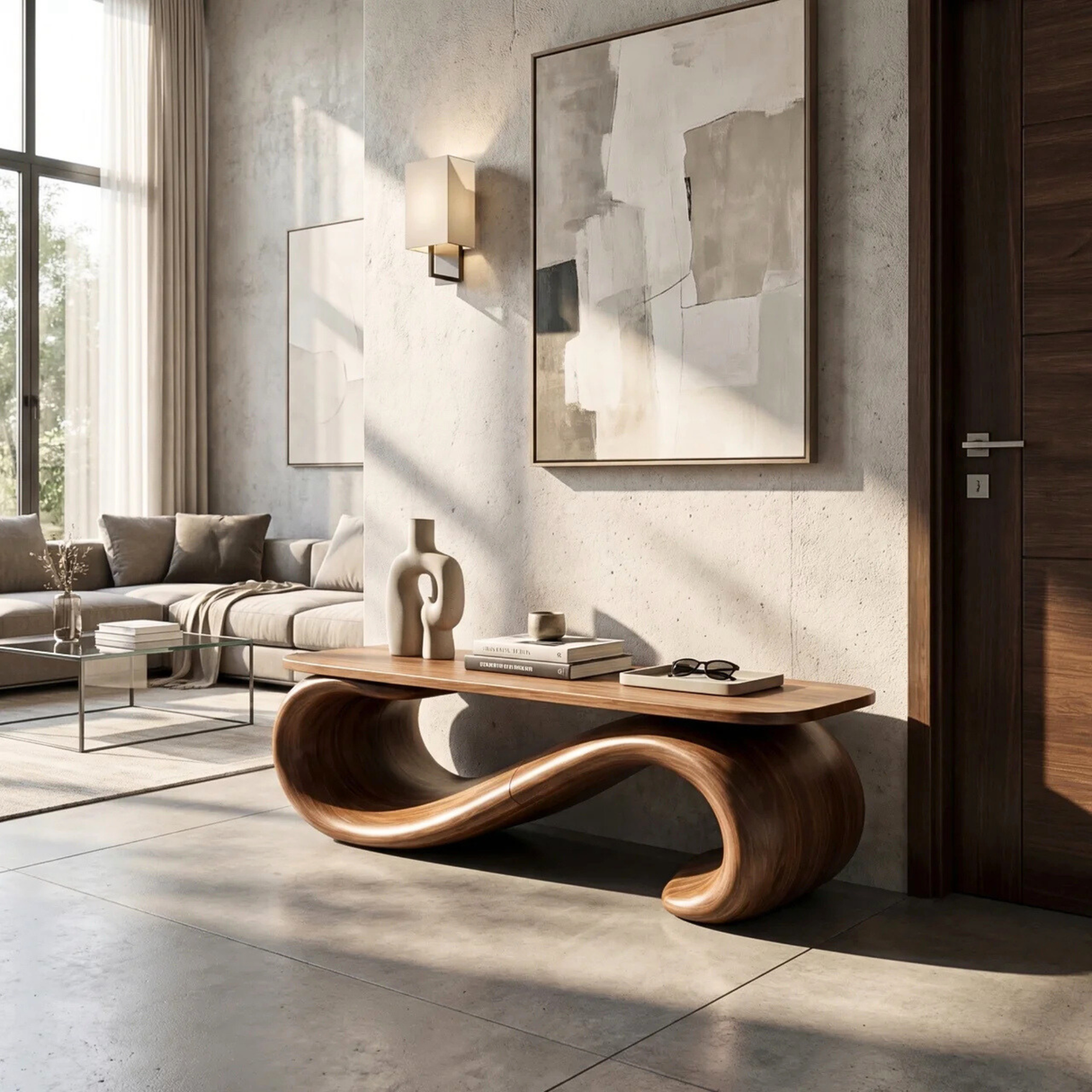 Organic Wood Bench with Sculptural Loop Base for Modern Interiors