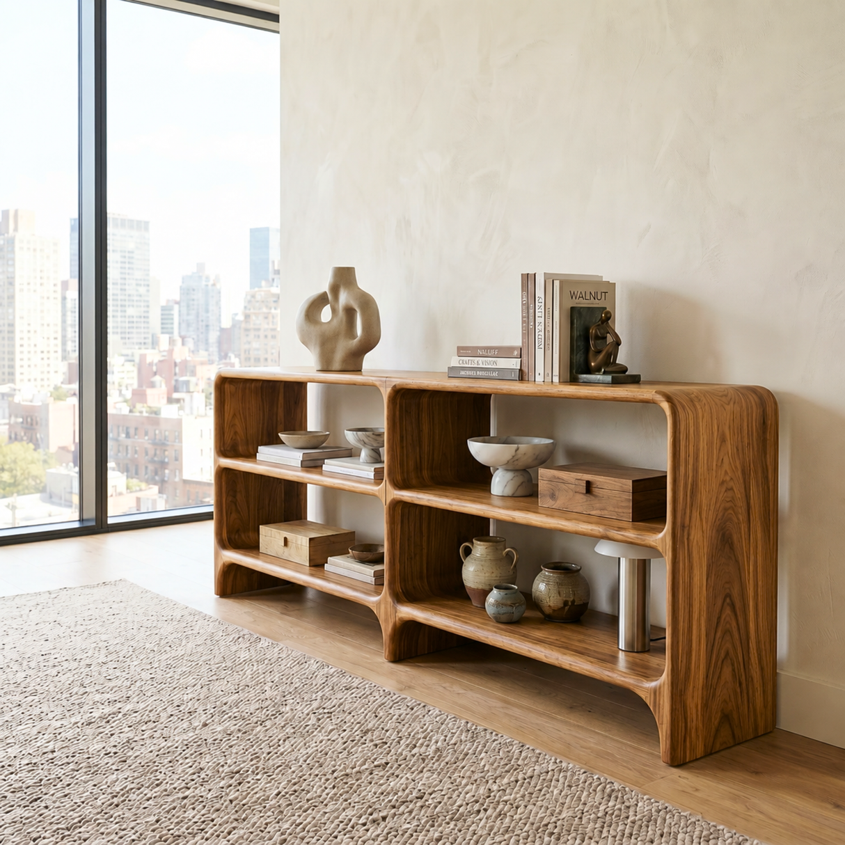 Solid Wood Low Display Console with Rounded Shelf Compartments