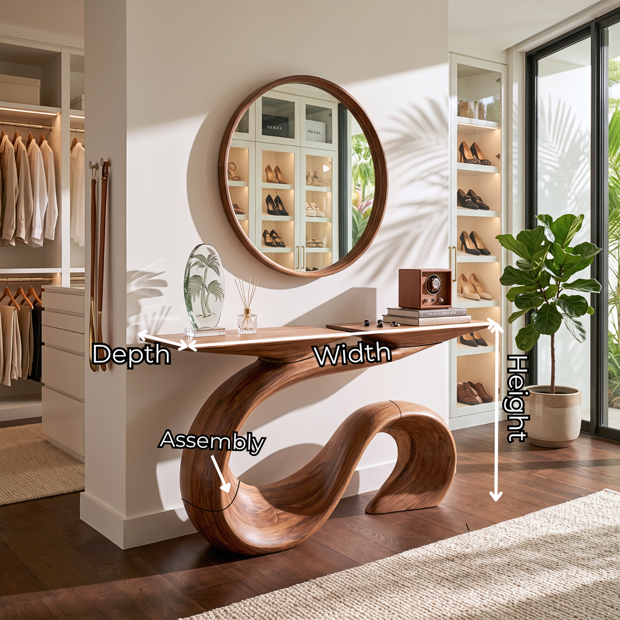Organic Solid Wood Console Table with Sculptural Wave Base and Flowing S Curve Design