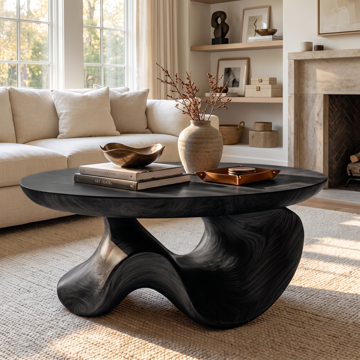 Coffee Table Solid Wood with Sculptural Organic Arch Base for Living Room
