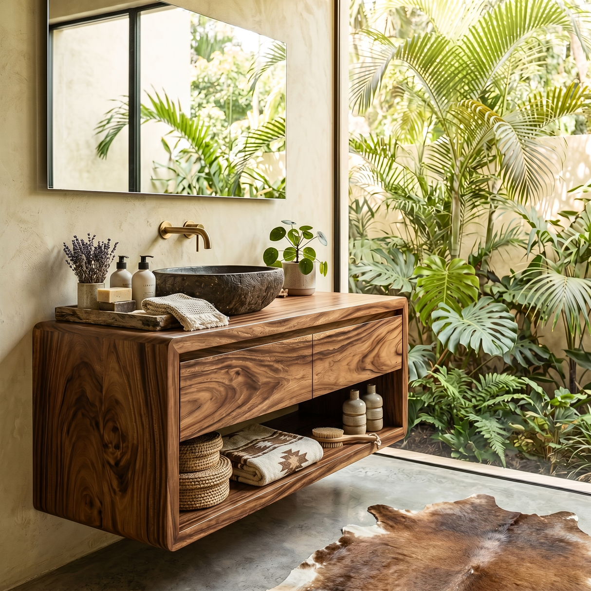 Minimalist Floating Solid Wood Bathroom Vanity with Seamless Organic Frame