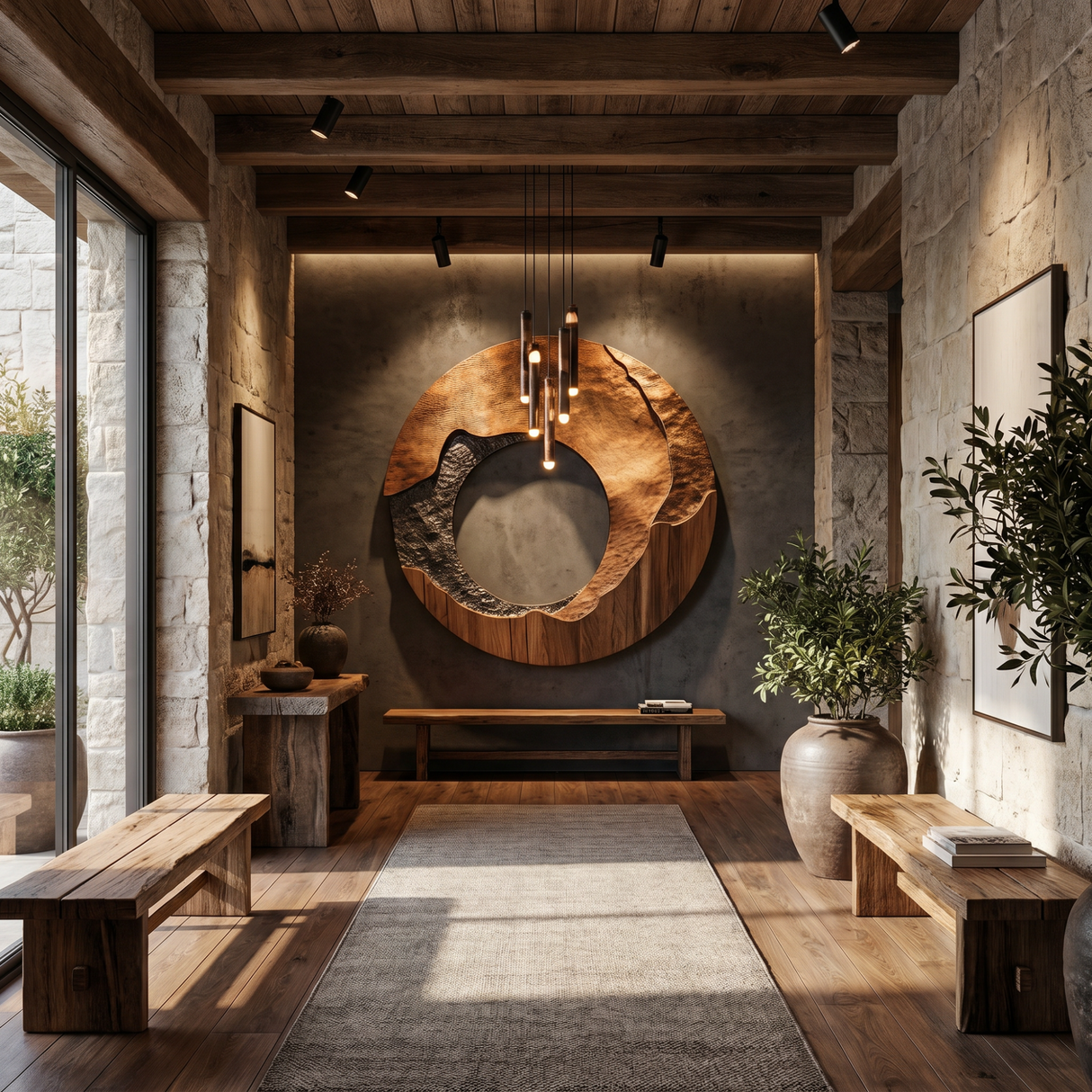 Large Solid Wood Wall Sculpture with Organic Open Center and Charred Texture Accent