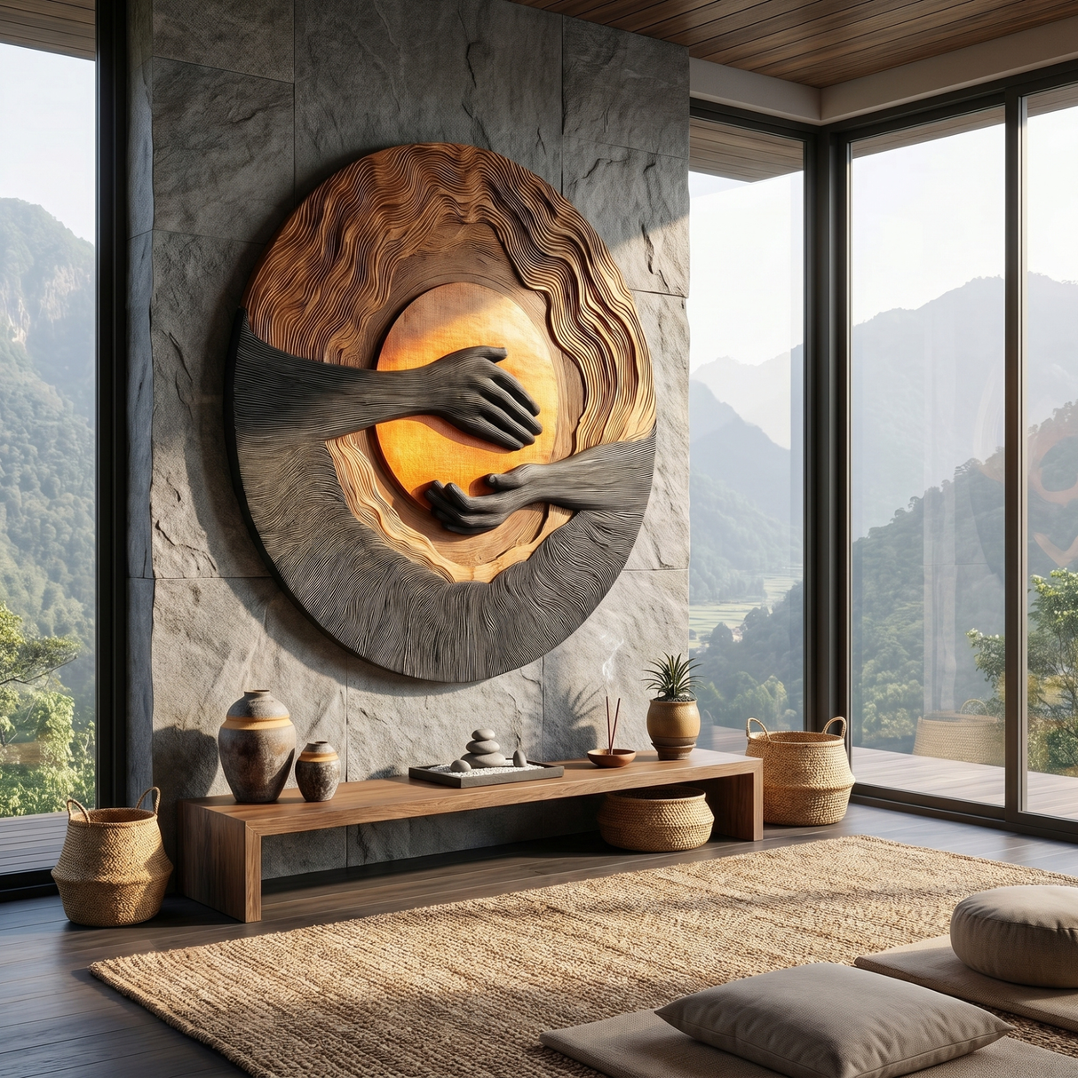 Solid Wood Wall Sculpture with Layered Sunset Relief and Reaching Hand Design