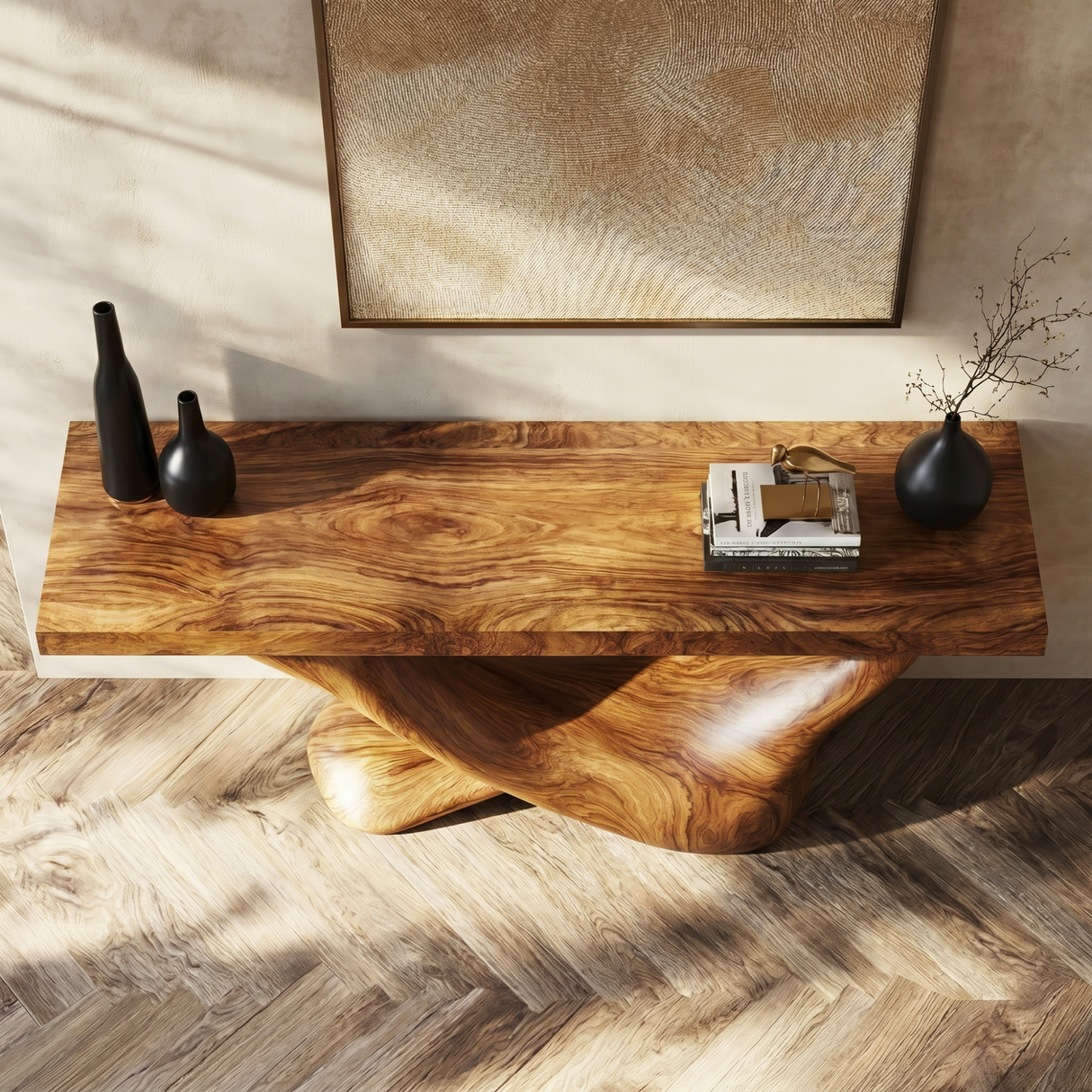 Console Table Solid Wood with Asymmetric Crescent Loop Base for Entryway Decor