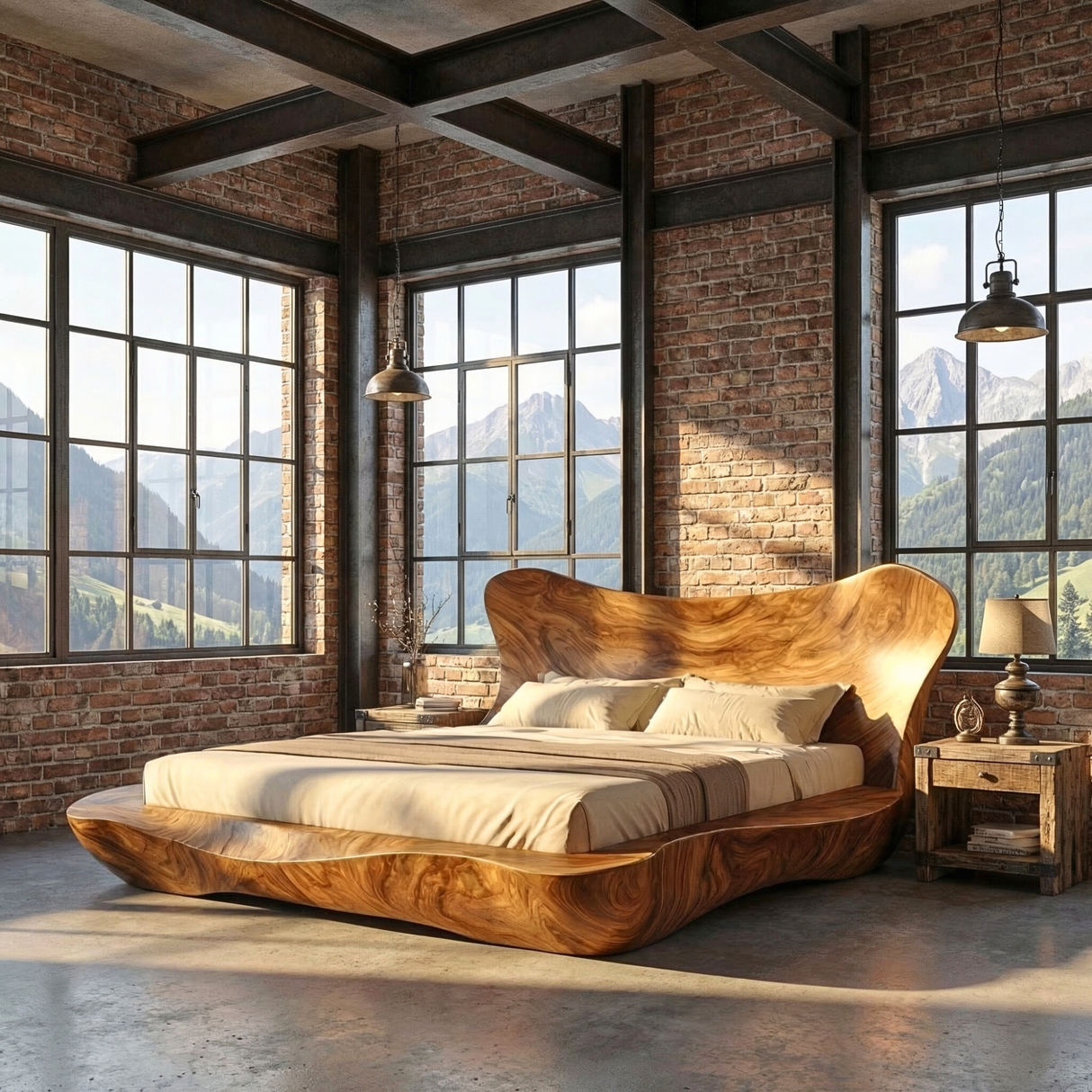 Sculptural Solid Wood Bed Frame with Curved Headboard for Modern Bedroom