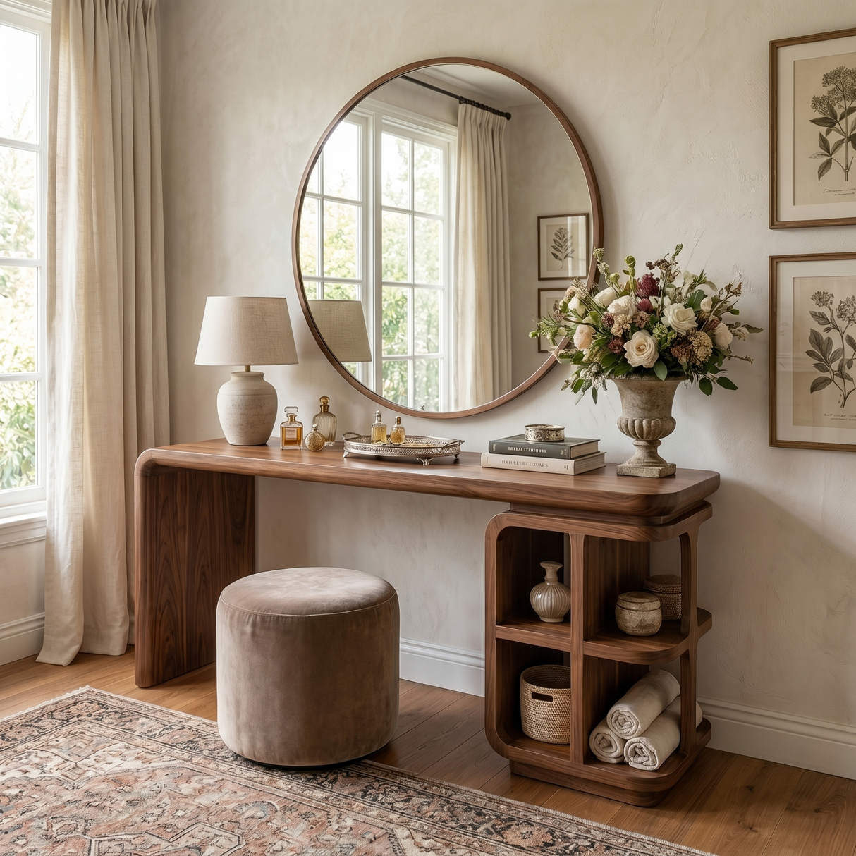 Handmade Solid Wood Vanity Table with Open Cubby Shelves and Waterfall Side