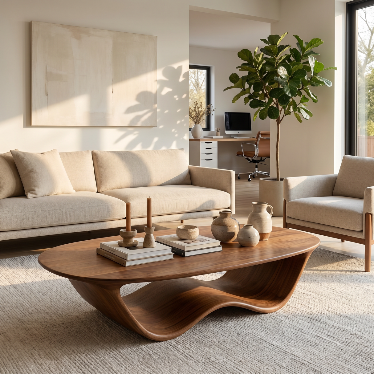 Coffee Table Solid Wood with Flowing Wave Sculptural Base for Living Room