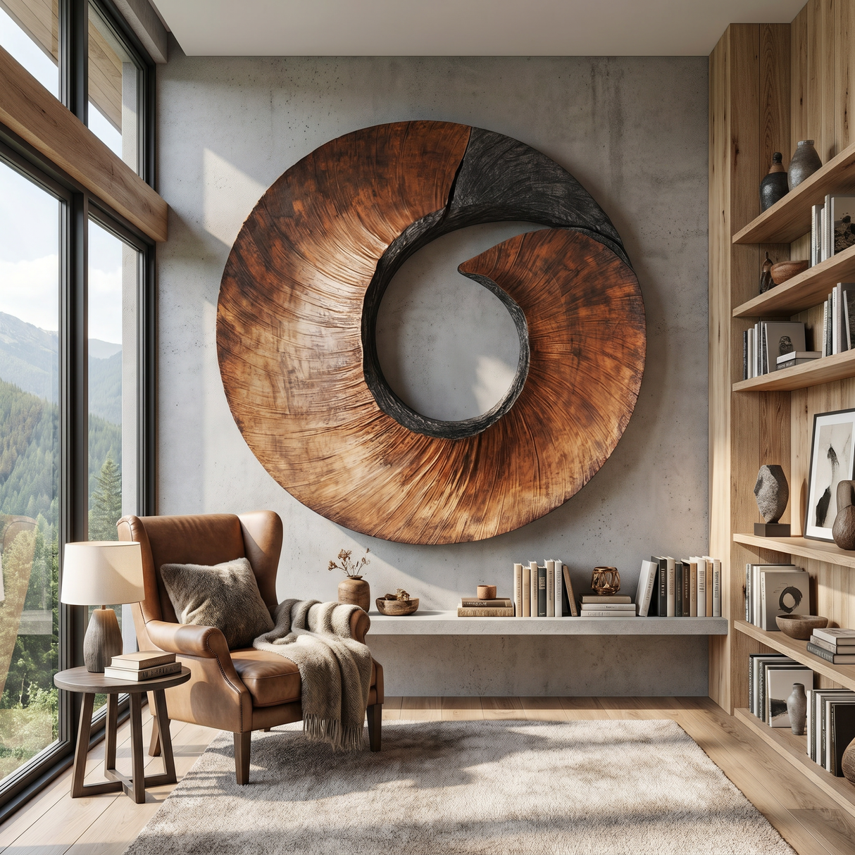 Handcrafted Spiral Wood Wall Sculpture with Open Center and Dark Textured Accent