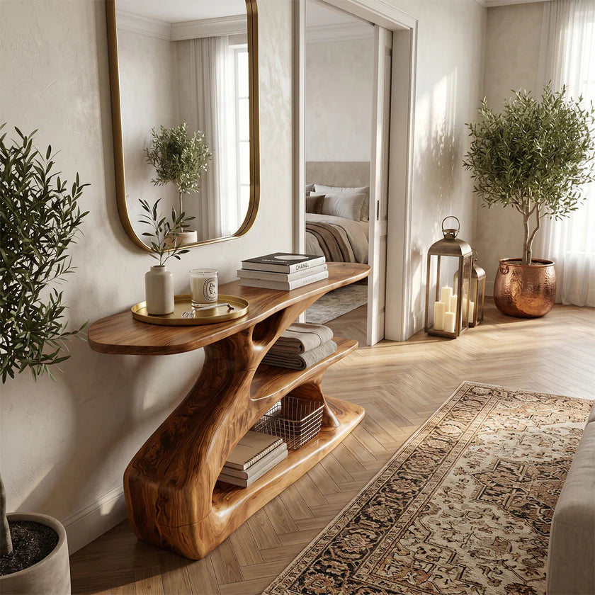 Sculptural Solid Wood Console with Integrated Shelf