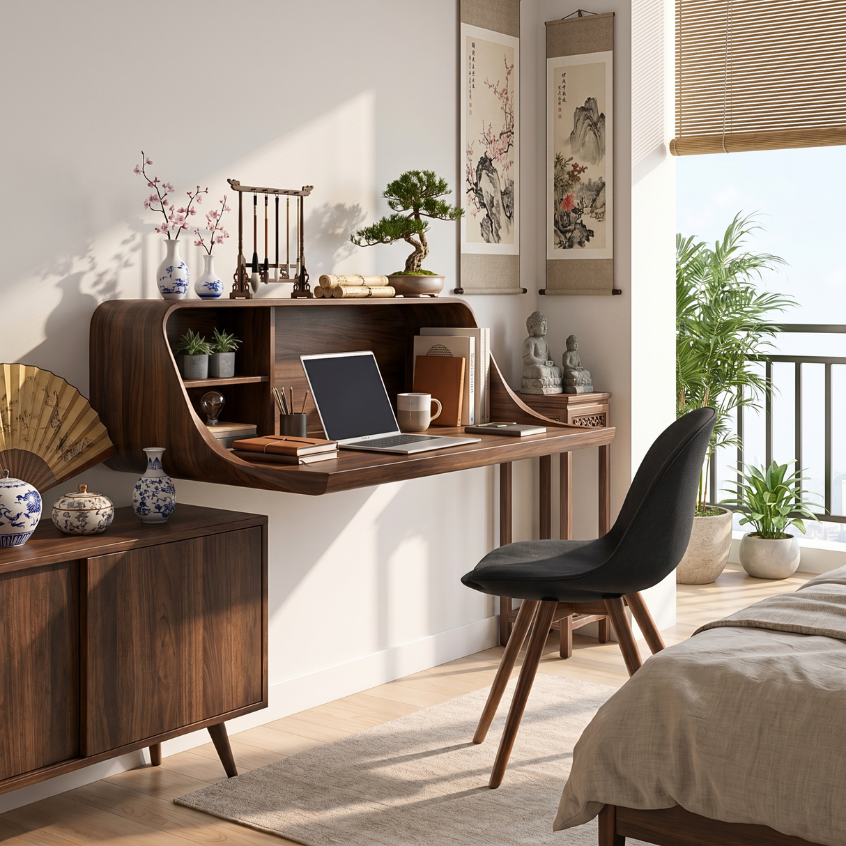 Modern Floating Desk with Integrated Shelf Storage