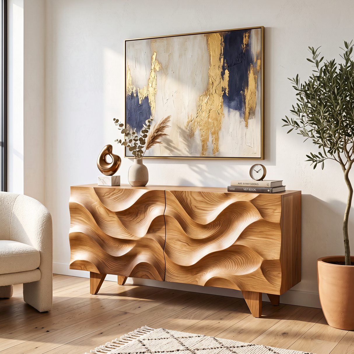 Sideboard Solid Wood with Sculptural Wave Carved Doors for Living Room Decor
