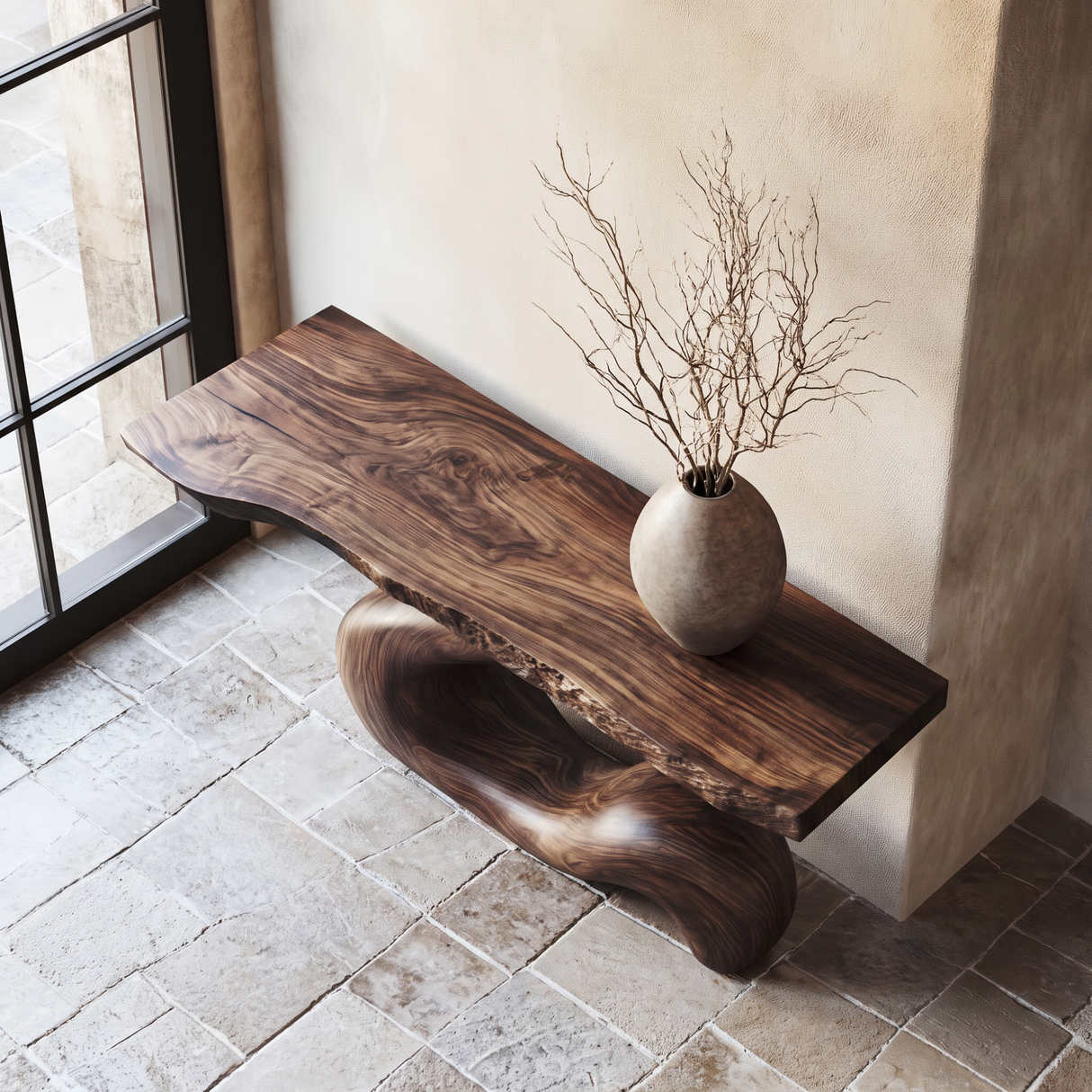 Console Table Solid Wood with Sculptural S Curve Base for Entryway Decor