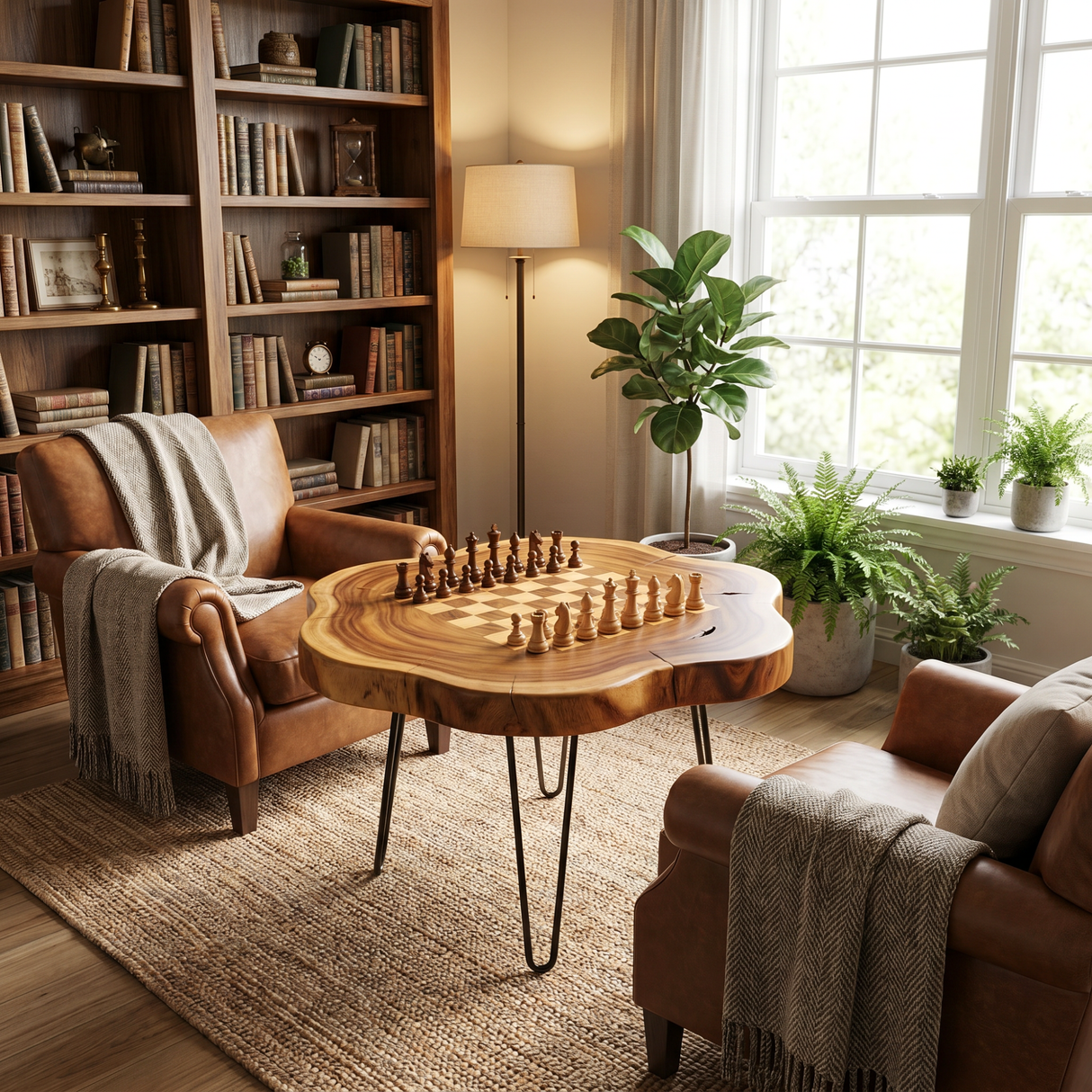 Handcrafted Live Edge Solid Wood Chess Coffee Table with Hairpin Legs
