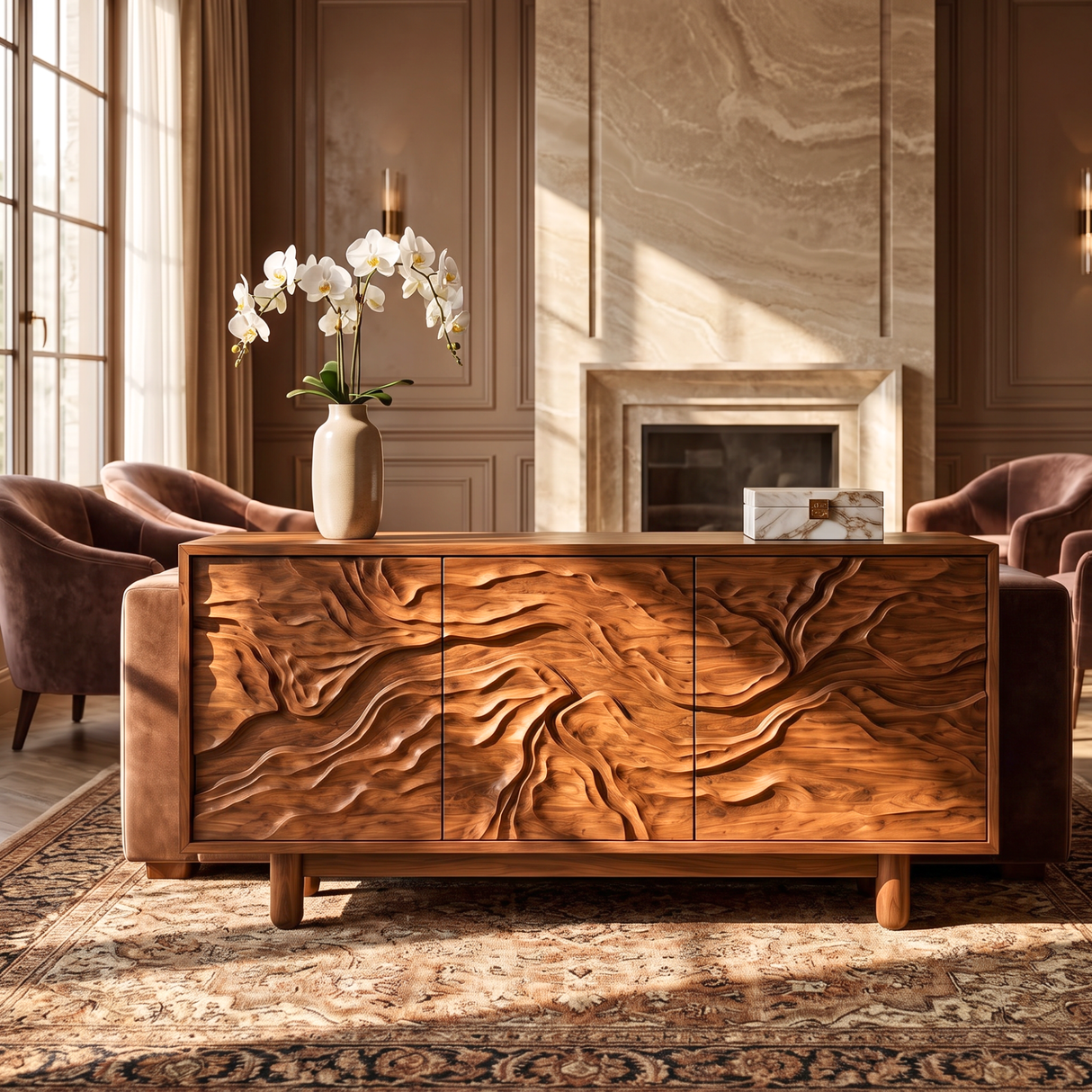 Sideboard Cabinet Solid Wood with Sculpted Flowing Relief Doors