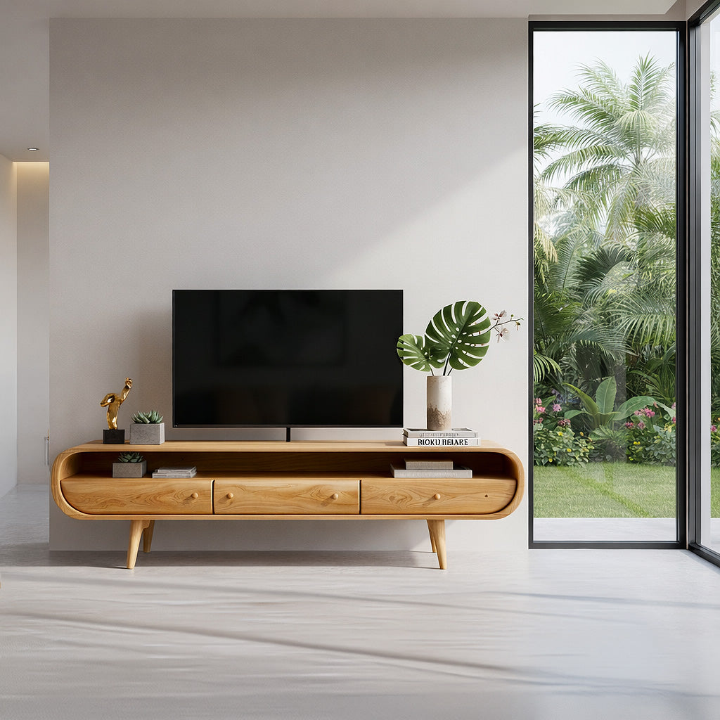 Mid-Century Solid Wood TV Console with Curved Frame