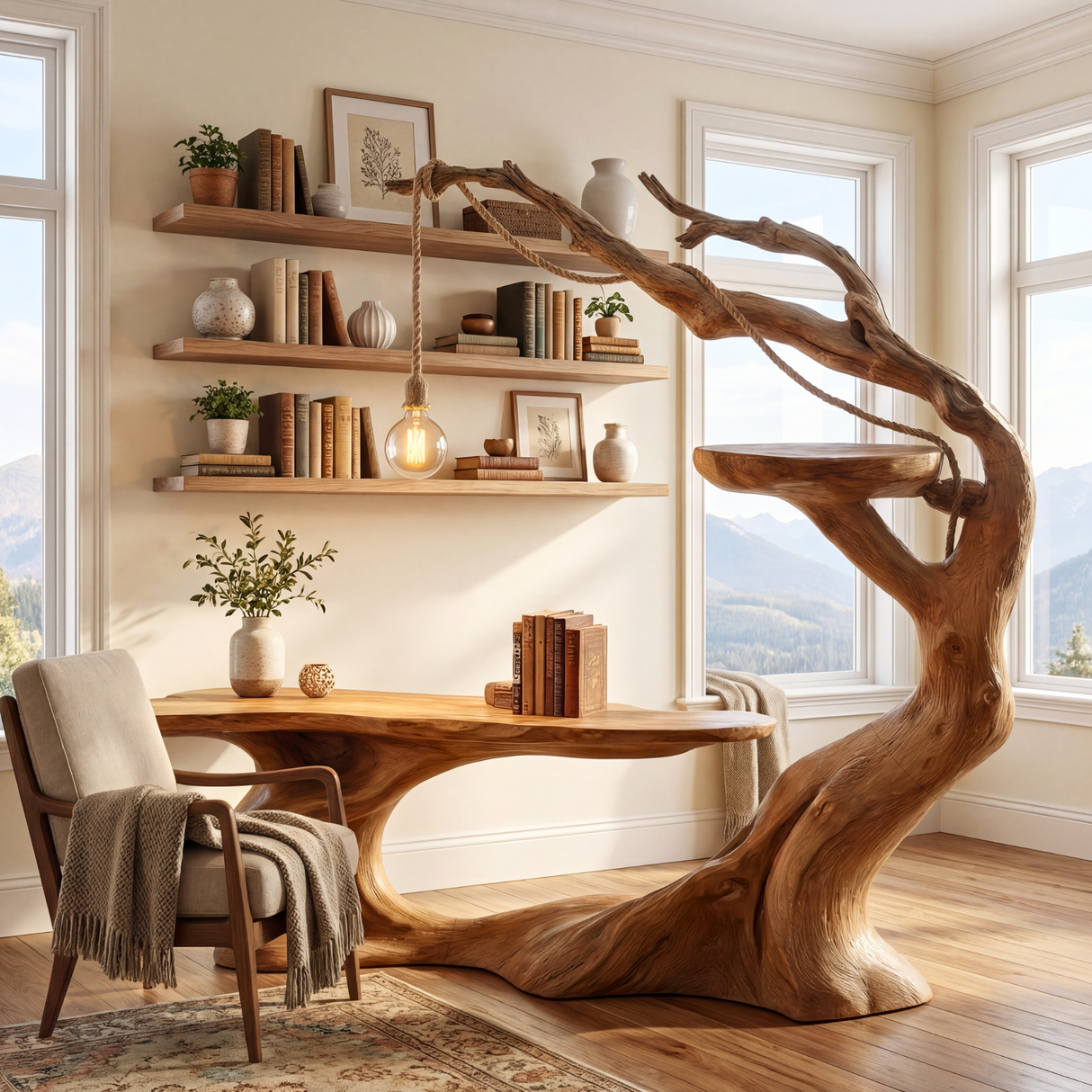 Organic Solid Wood Desk with Hanging Light Tree Inspired Writing Table Sculptural Modern Workspace