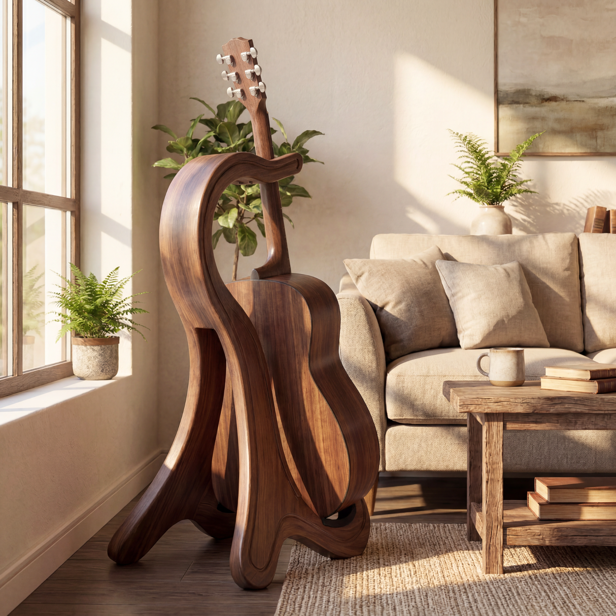 Sculptural Wooden Guitar Stand Modern Acoustic Display Holder