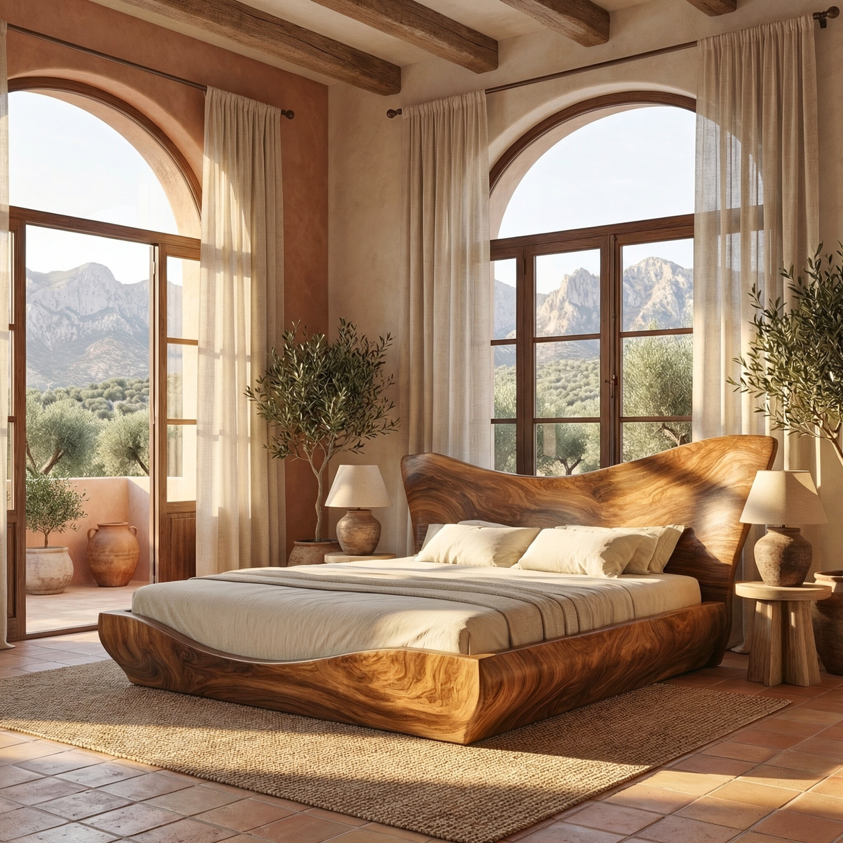 Sculptural Solid Wood Platform Bed with Organic Curved Headboard