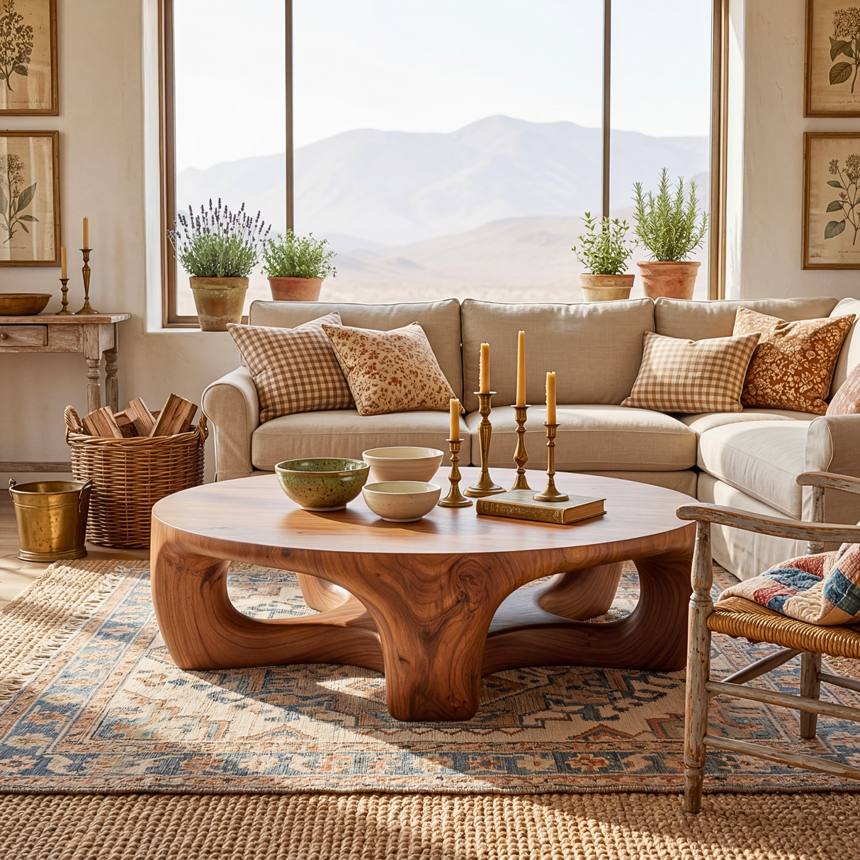 Round Solid Wood Coffee Table with Sculptural Open Base