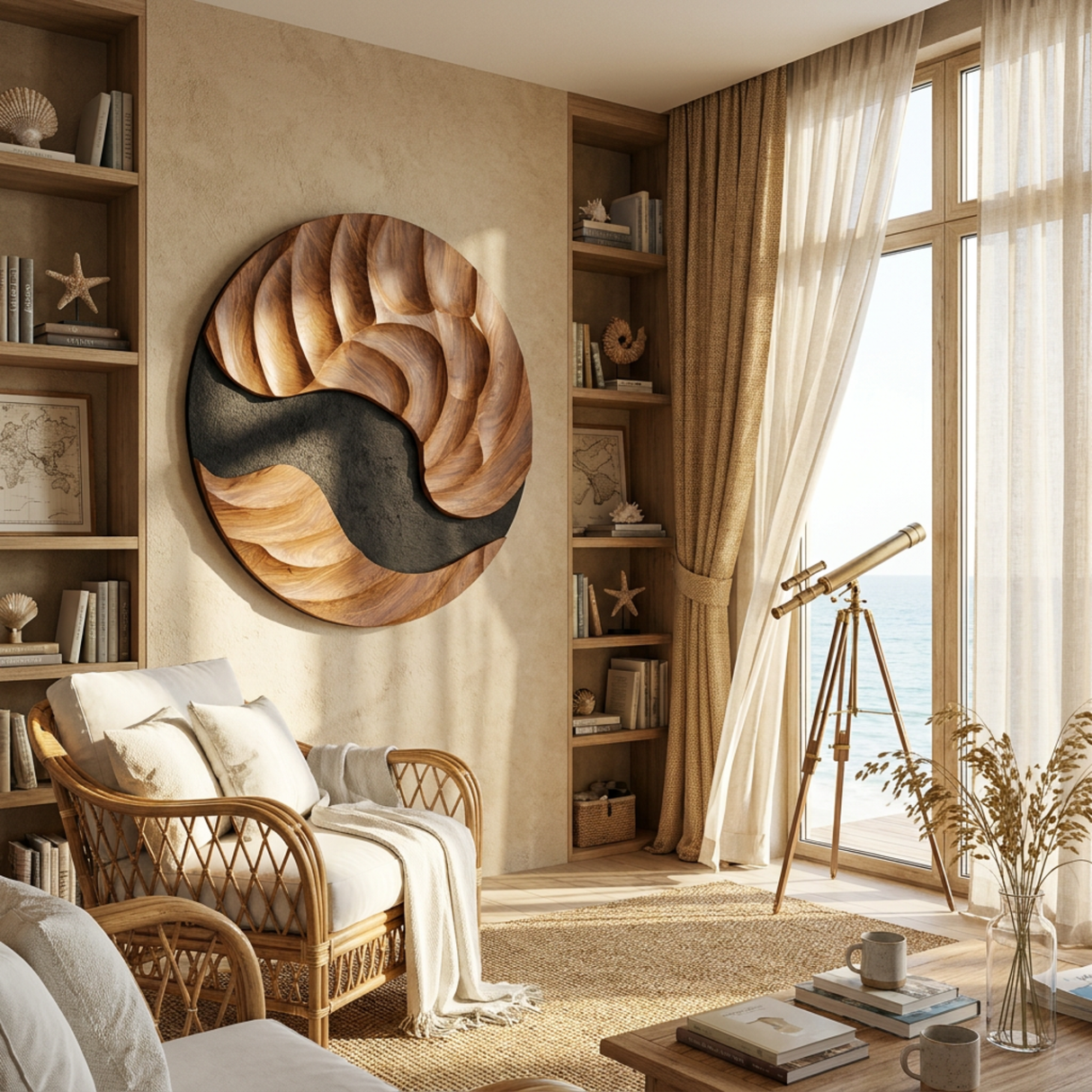 Solid Wood Abstract Wall Art with Swirling Cutout and Layered Carved Grain