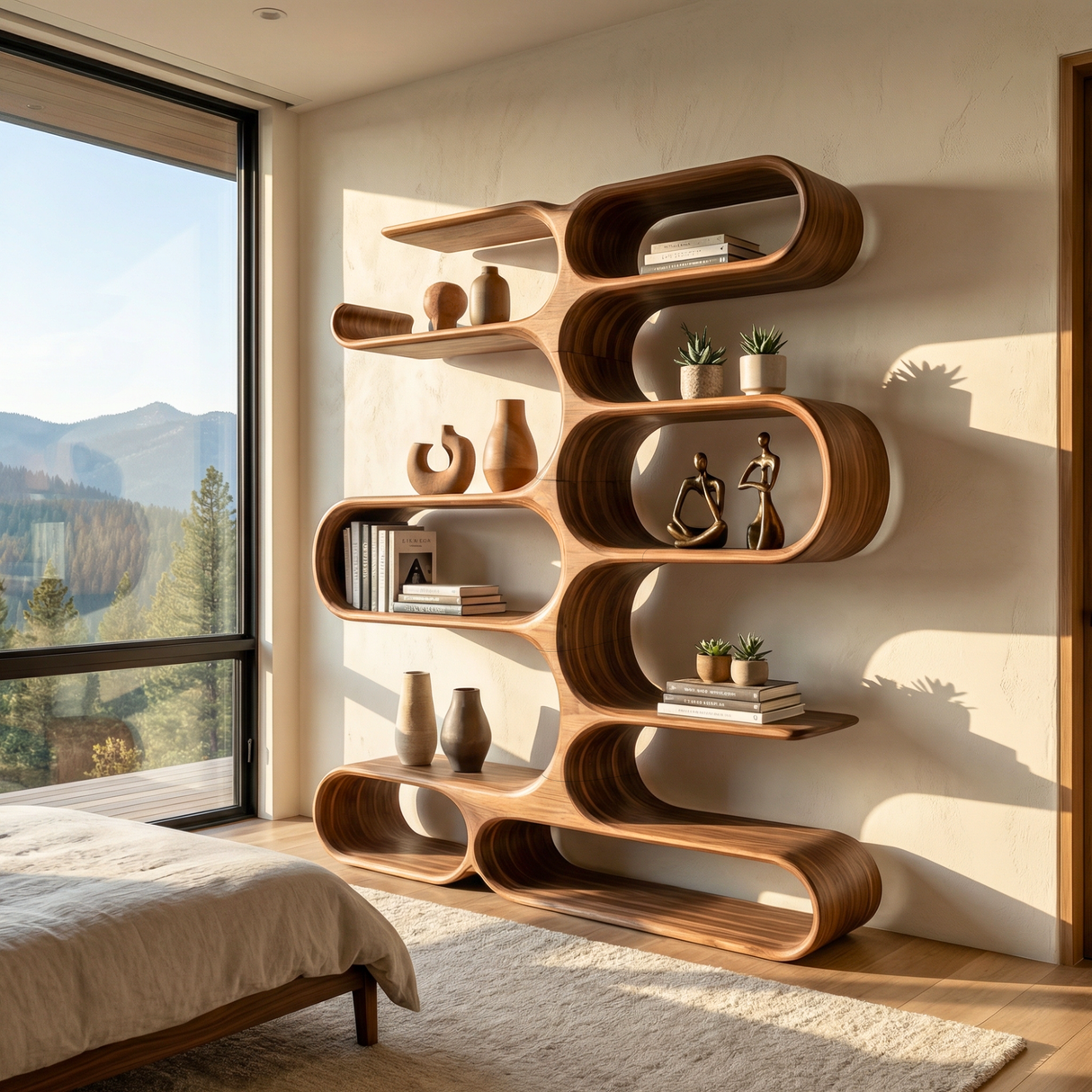 Handcrafted Solid Wood Organic Wall Bookcase with Curved Open Shelves