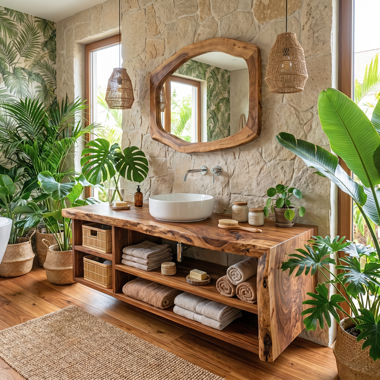 Solid Wood Bathroom Vanity with Open Storage and Vessel Sink
